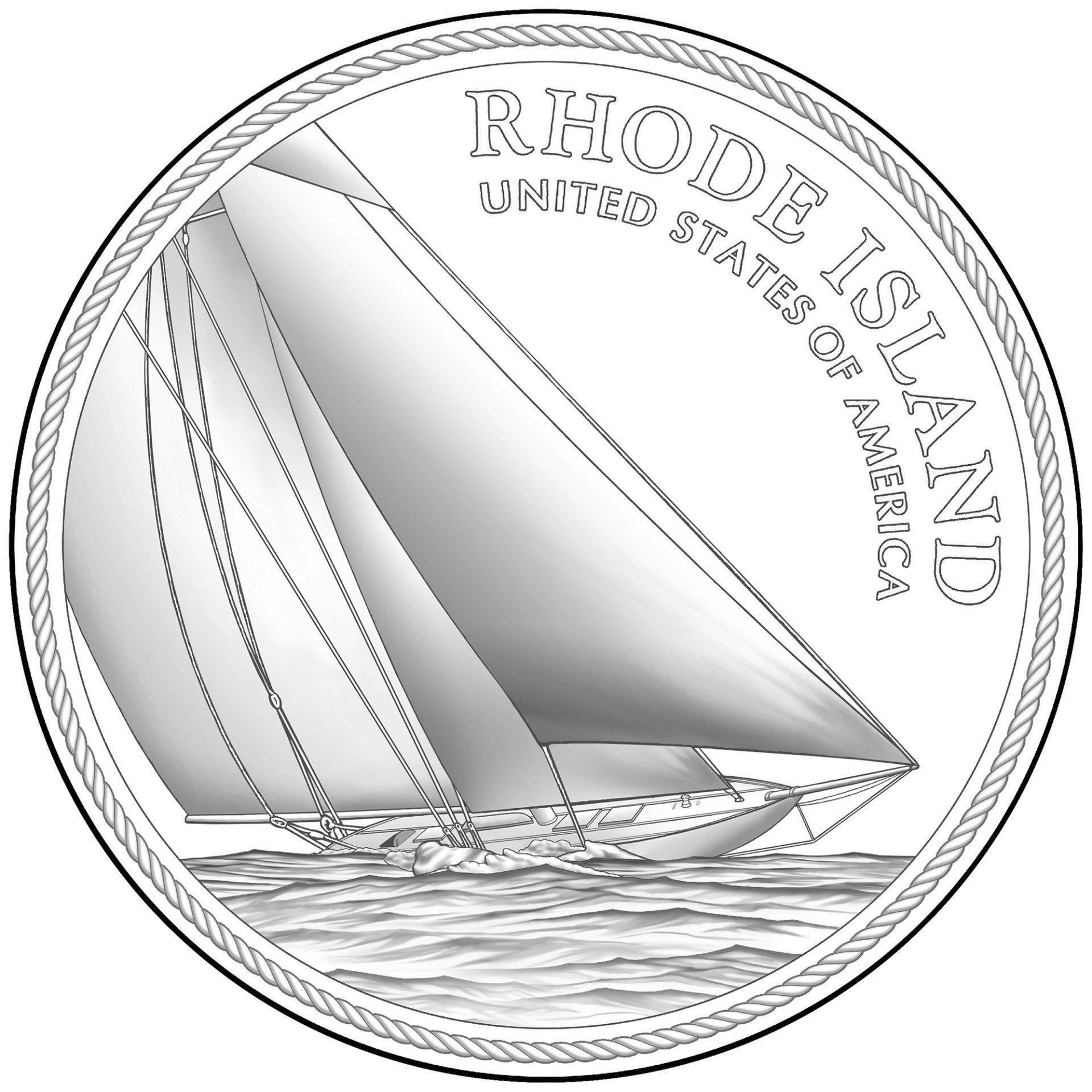 Reverse design of the Rhode island American innovation coin shows depicts Nathanael Herreshoff’s famous Reliance yacht at full speed in the waters surrounding Rhode Island. The design is bordered by a rope evoking the nautical scene.