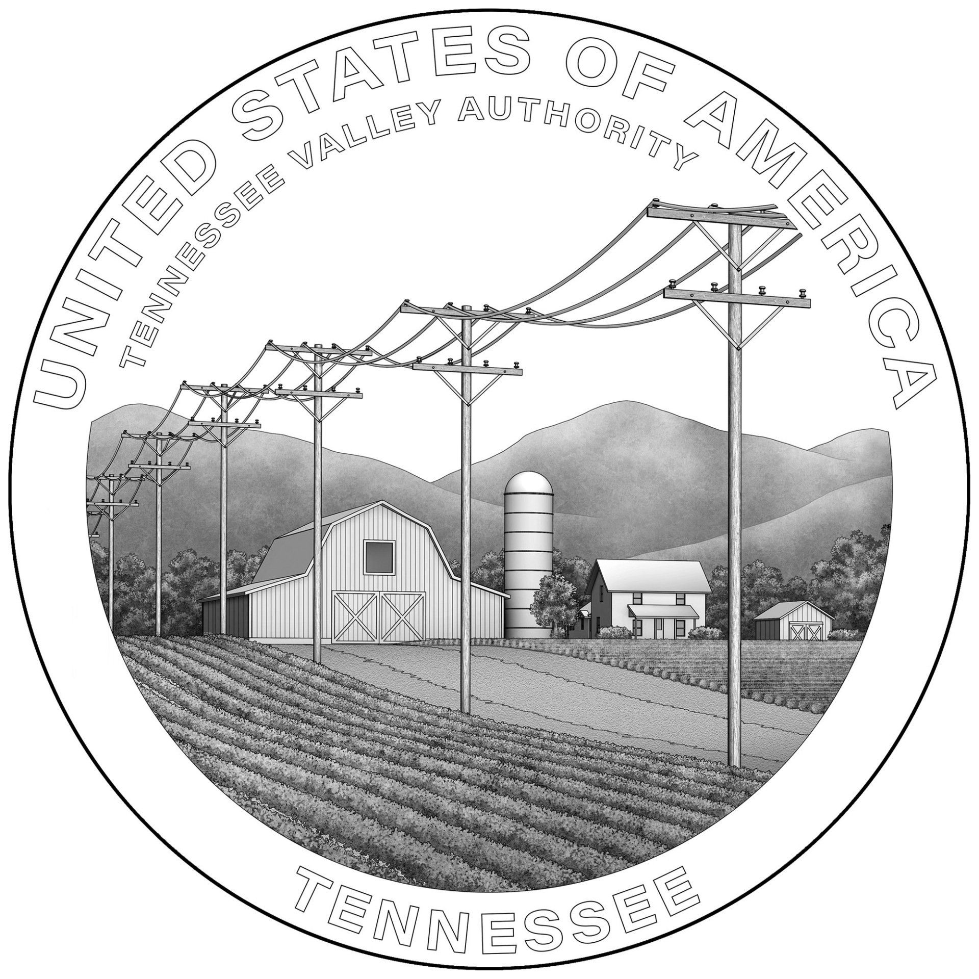 Reverse design of the Tennessee American innovation coin shows a Tennessee farm with newly installed power lines lining the road.