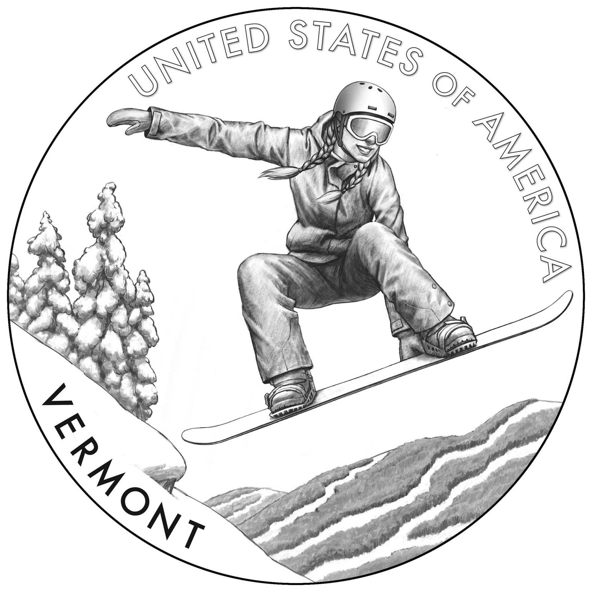 reverse design of the Vermont American Innovation coin shows a young snowboarder in the air performing a trick called a “melon grab,” set against a mountainous winter skyline inspired by the landscape of Vermont. The aim of the design is to capture a sense of the energy and exuberance of snowboarding through movement implied by diagonal lines and curved shapes.