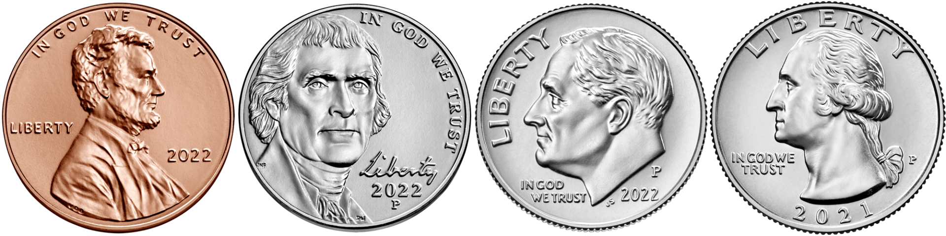 Obverses of the 4 Main Types of U.S. Coins