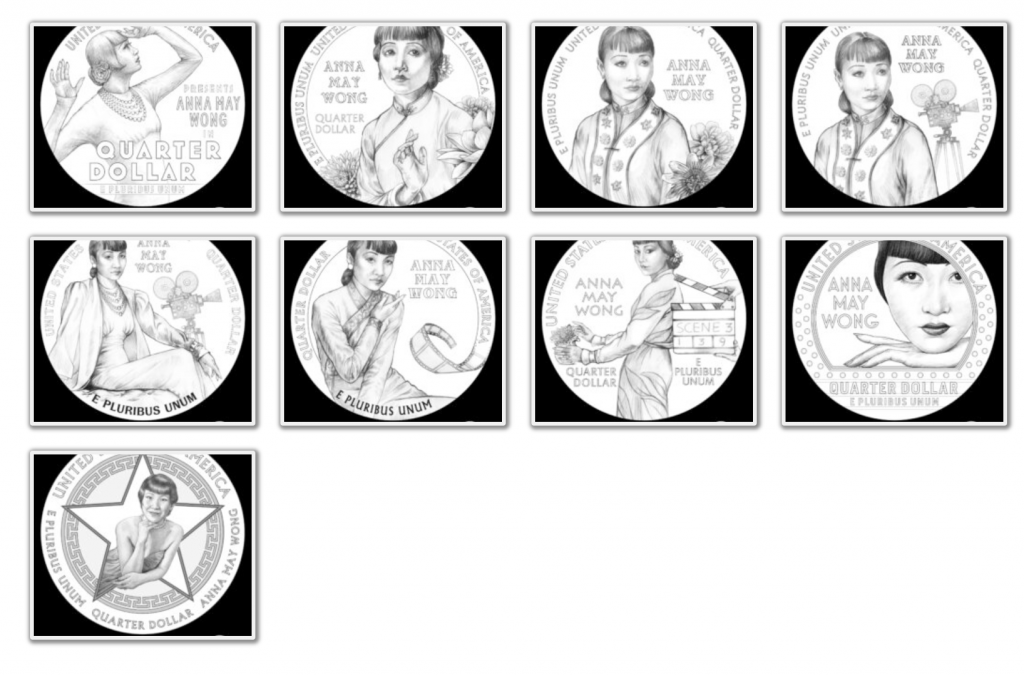 Possible Designs for the American Women Quarters Program coin featuring Anna May Wong