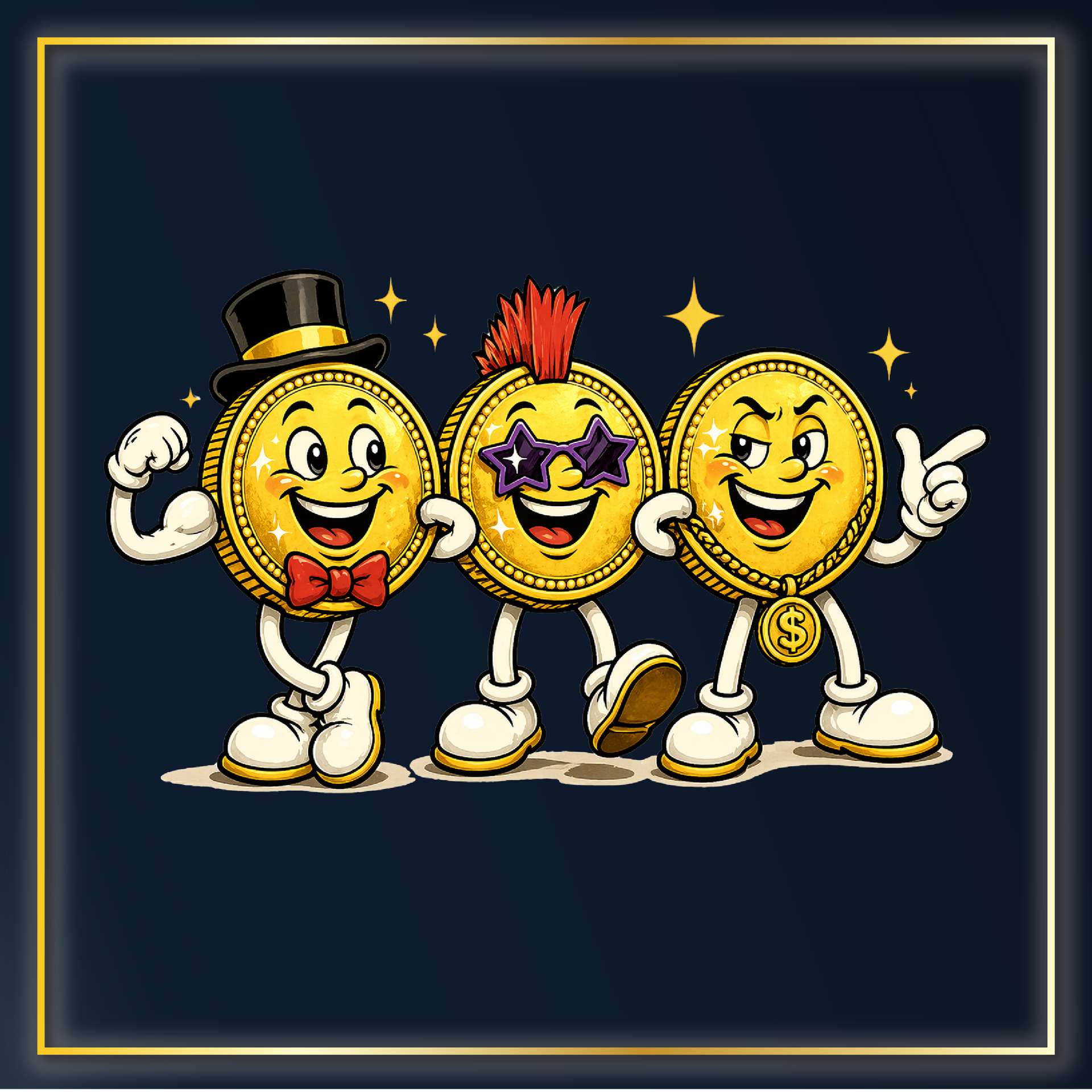 Three cartoon gold coins standing arm in arm with unique personalities and accessories, symbolizing strong collections and diversification – CoinCollecting.com