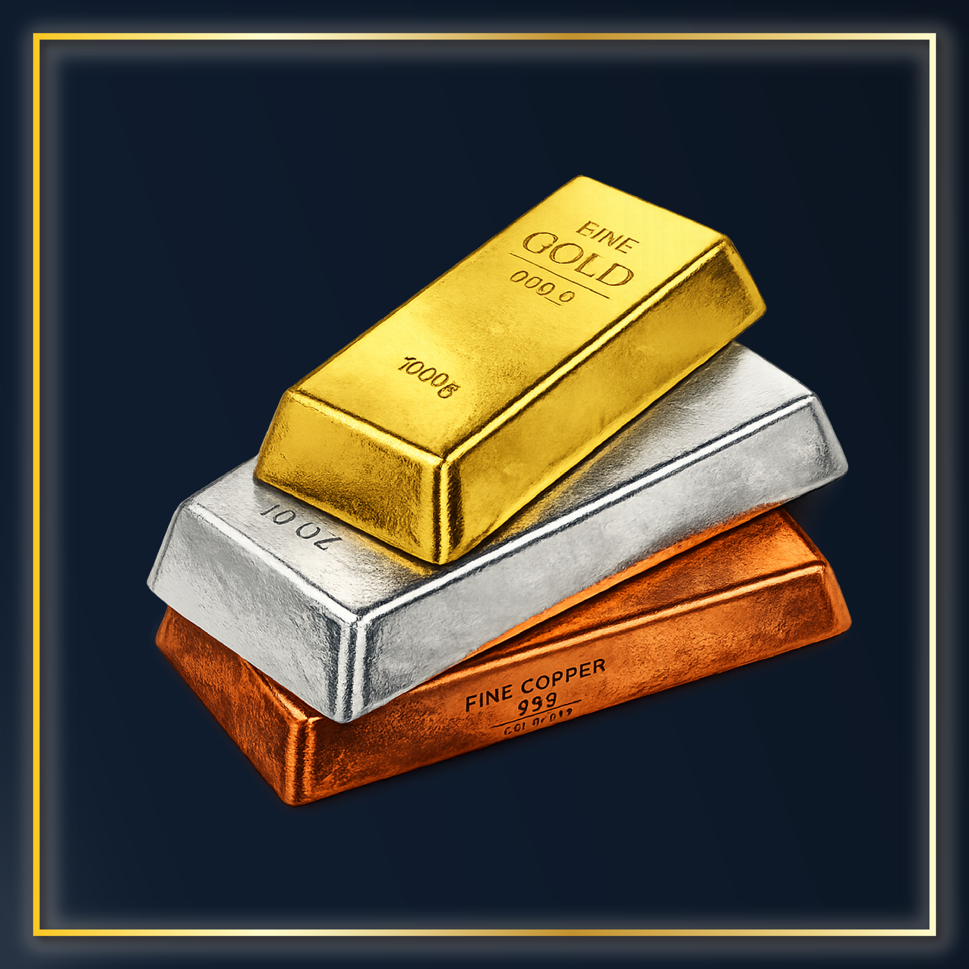 Gold, silver, and copper bullion bars stacked at an angle with metallic shine, representing precious