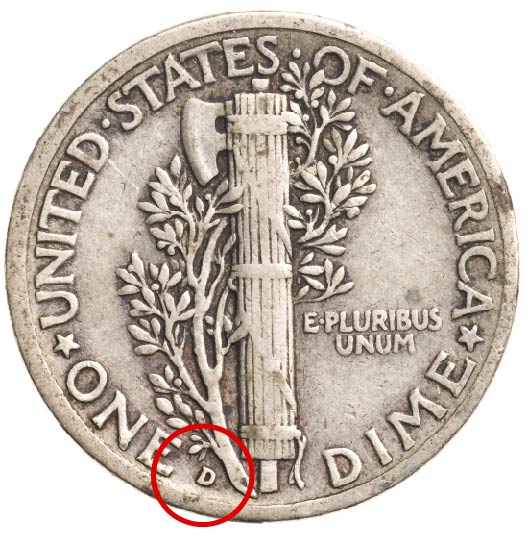 Reverse of mercury dime mint mark location