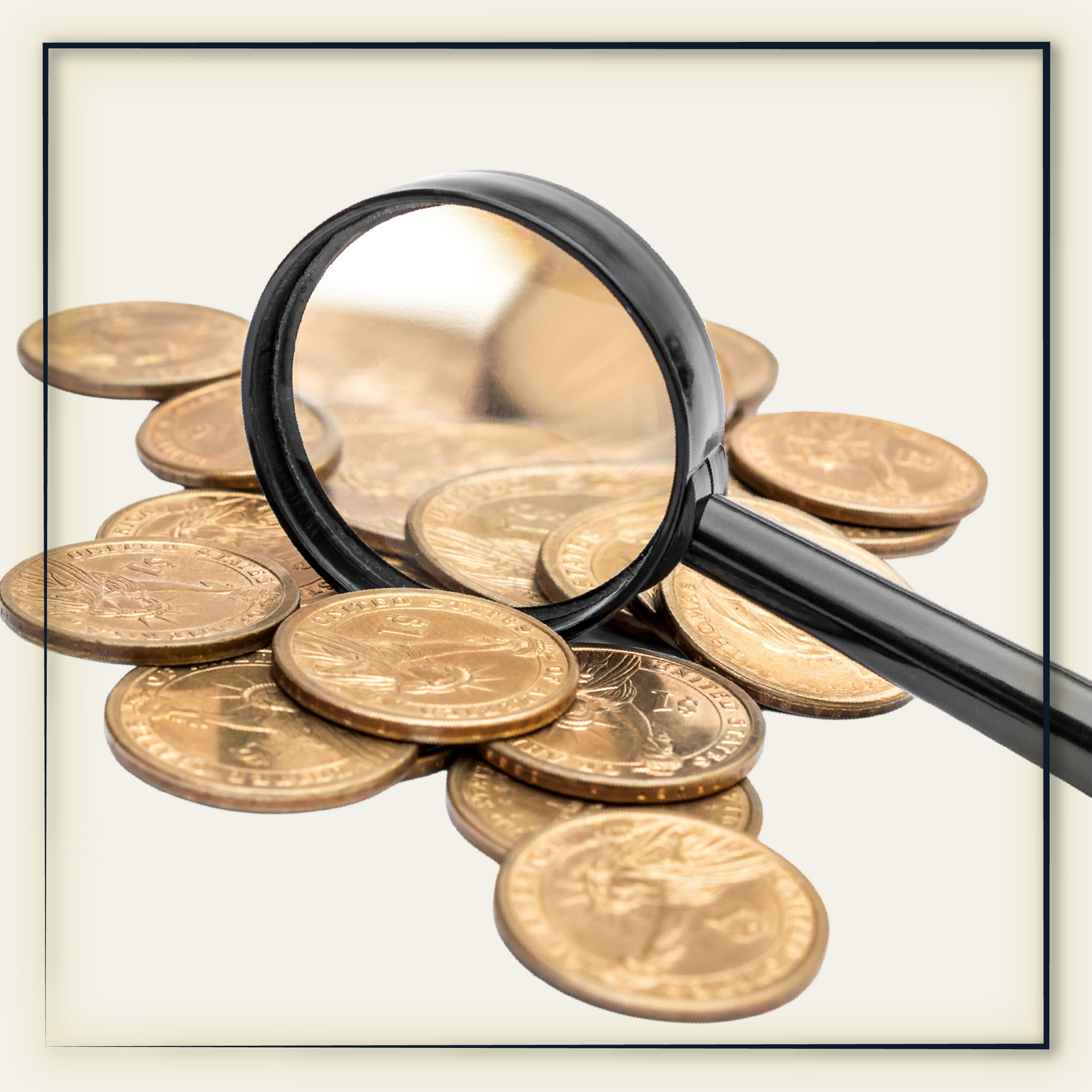 Magnifying Glass inspecting gold coins
