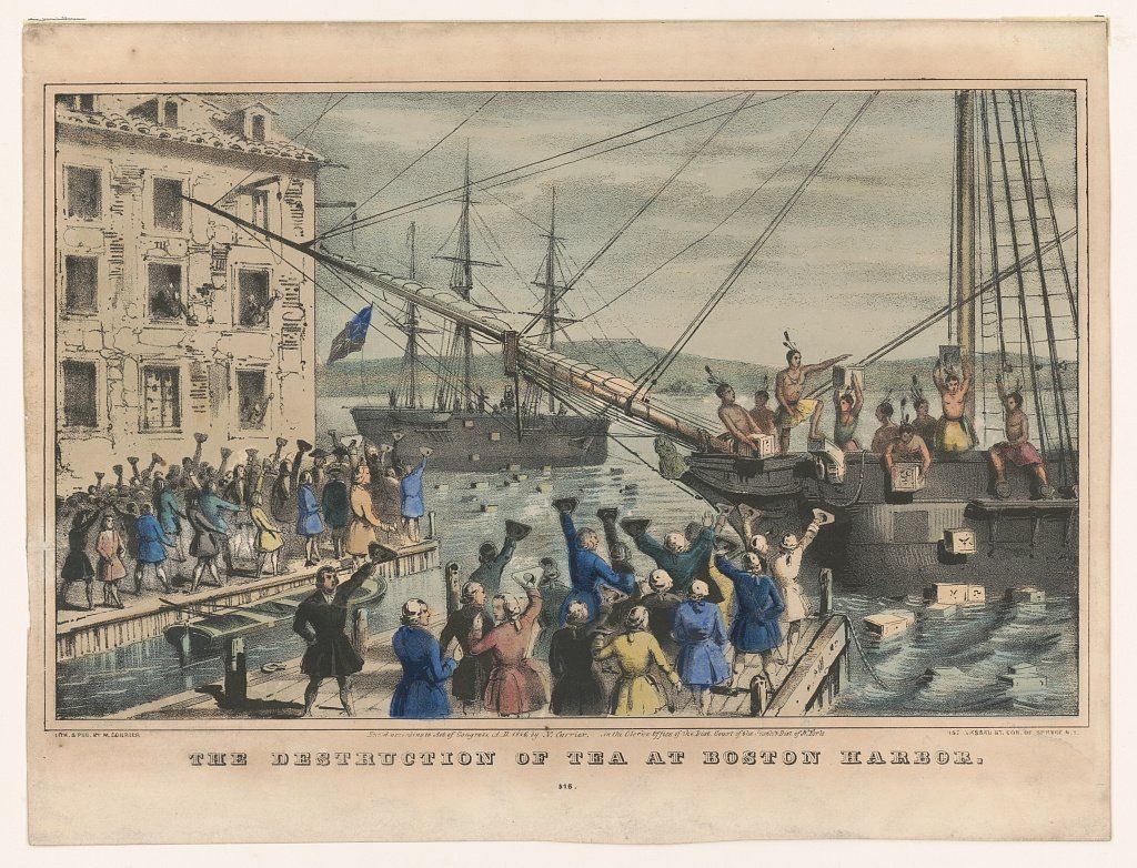 Sons of Liberty, dressed as Native Americans, throwing crates of tea off ships in the Boston Harbor