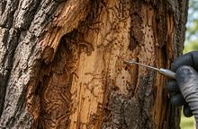 Gloved hand uses a small tool to inspect tree bark close-up outdoors