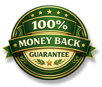 Green and gold 100% money-back guarantee badge with stars and ribbon