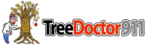 TreeDoctor911 logo with a cartoon tree and arborist next to bold black and red text