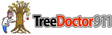 TreeDoctor911 logo with a cartoon tree and arborist next to bold black and red text