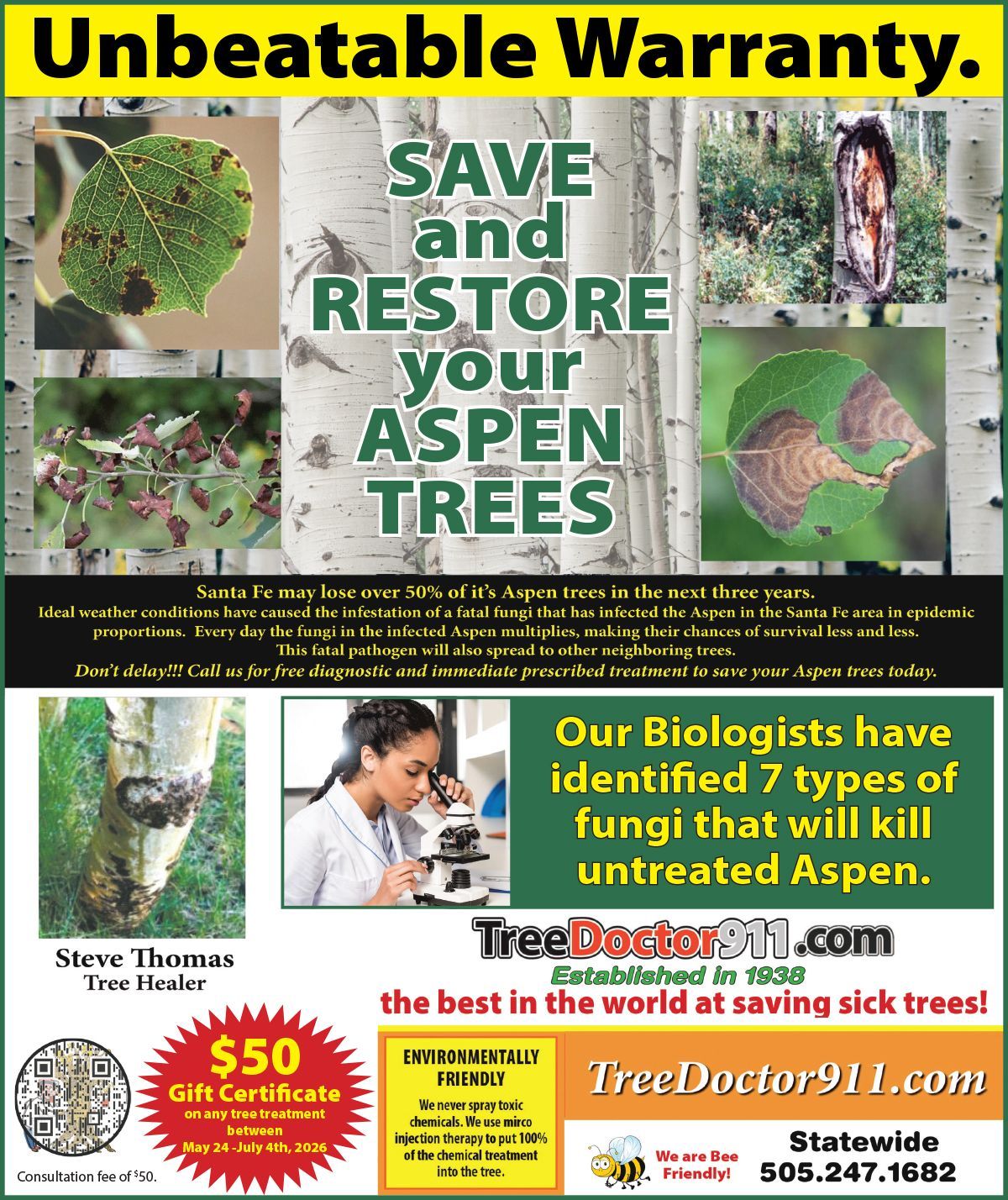 Ad for aspen tree care with green leaves, “Save and restore your Aspen Trees” and warranty claims.