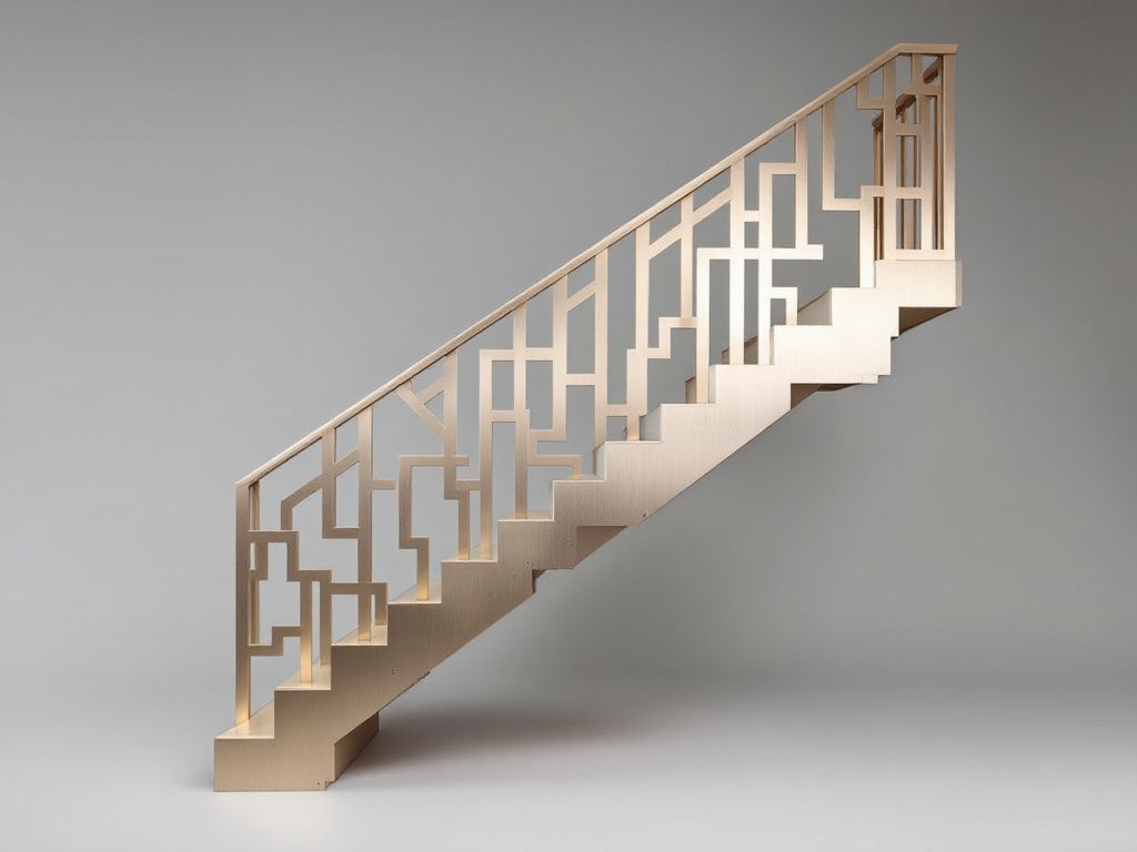 Un escalier en bois avec une rampe en métal sur fond gris.