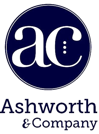 The logo for ashworth & company is a blue circle with white letters.