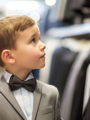 A young boy is wearing a suit and bow tie