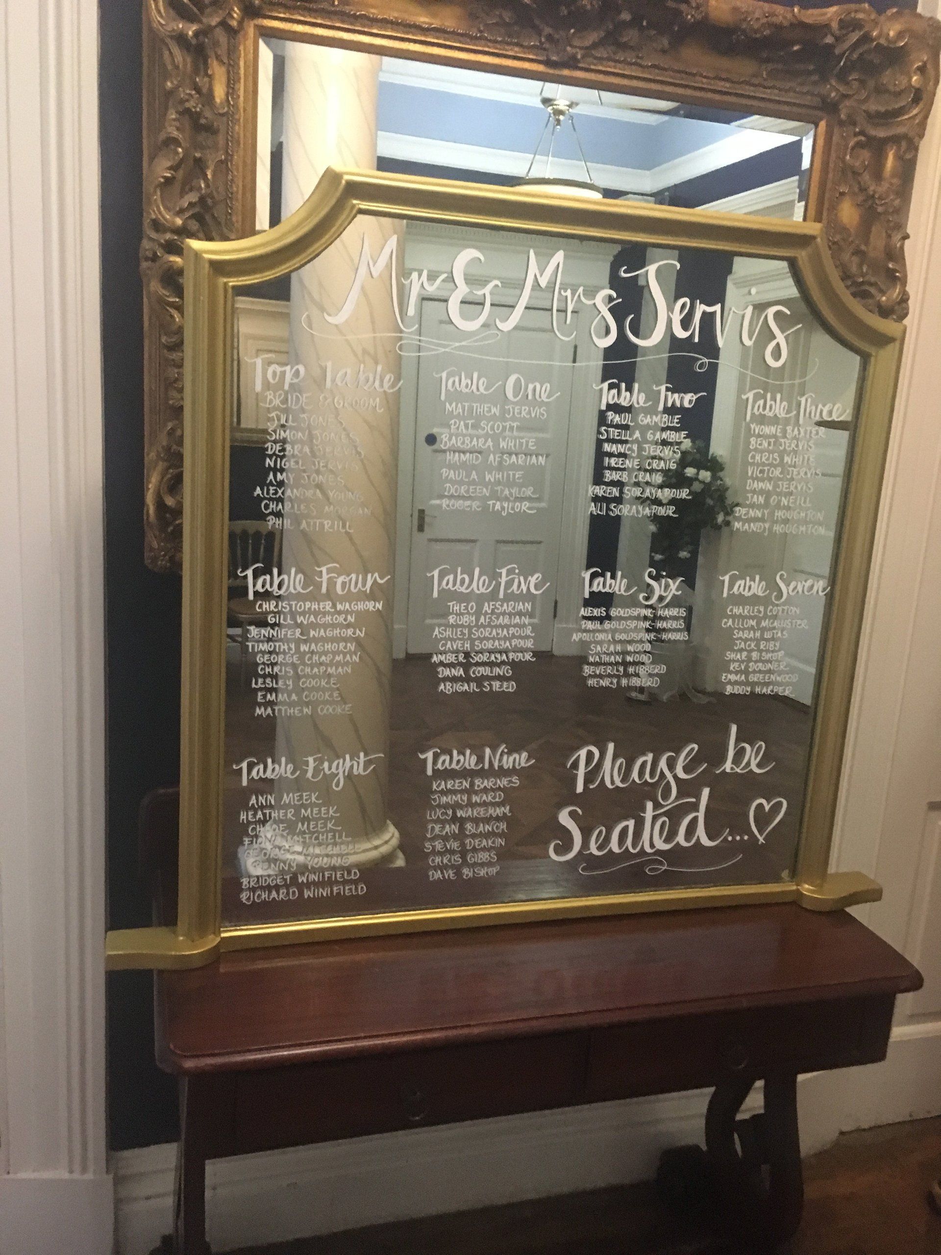 A large mirror with a seating chart on it is sitting on a table.