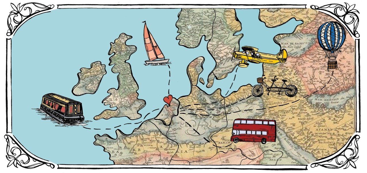 A map of europe with a red double decker bus