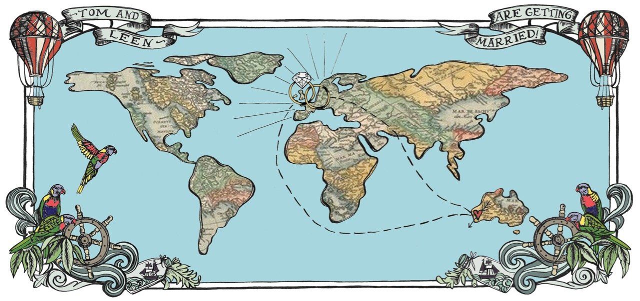 A map of the world with birds and hot air balloons