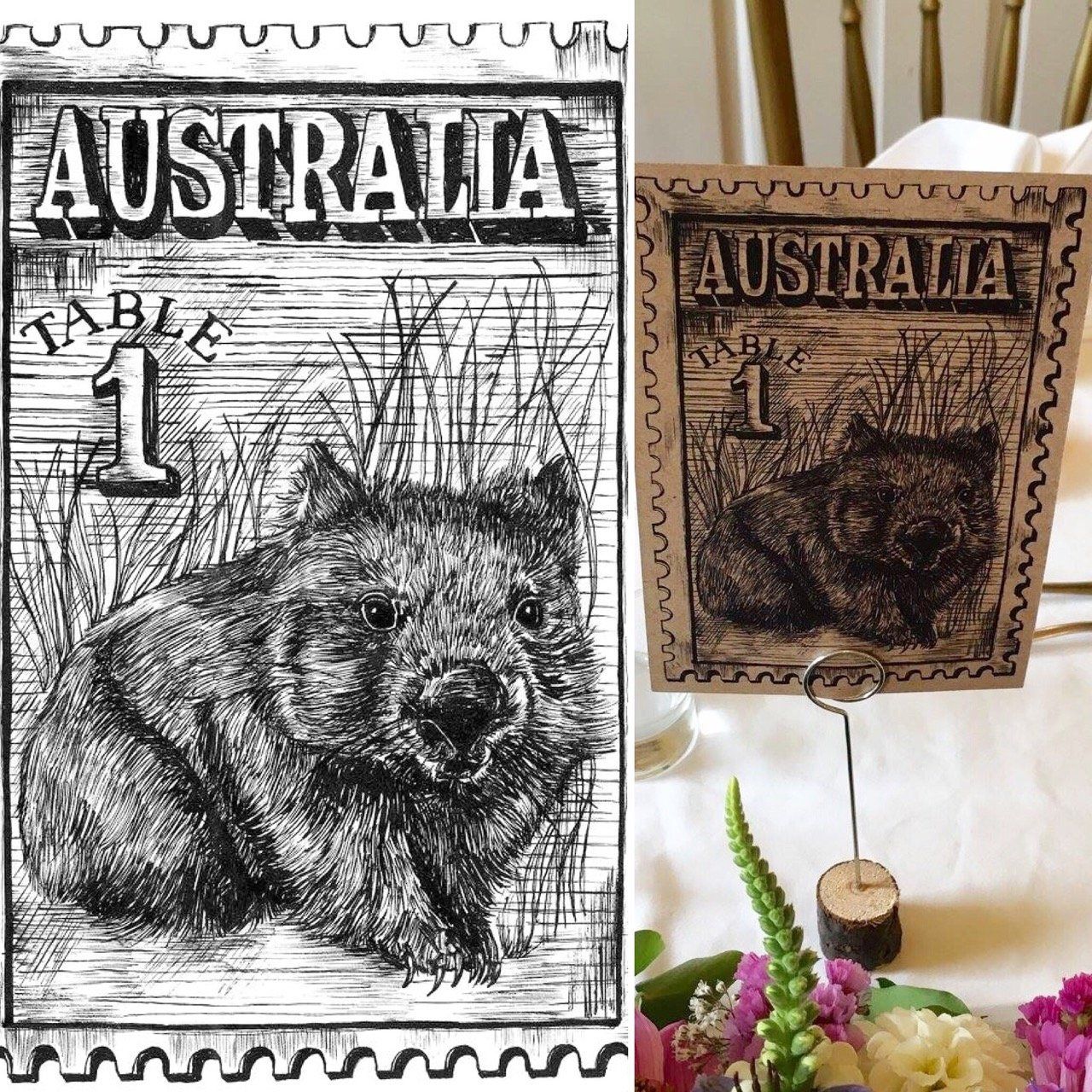 A black and white drawing of a koala bear next to a table number 1 sign