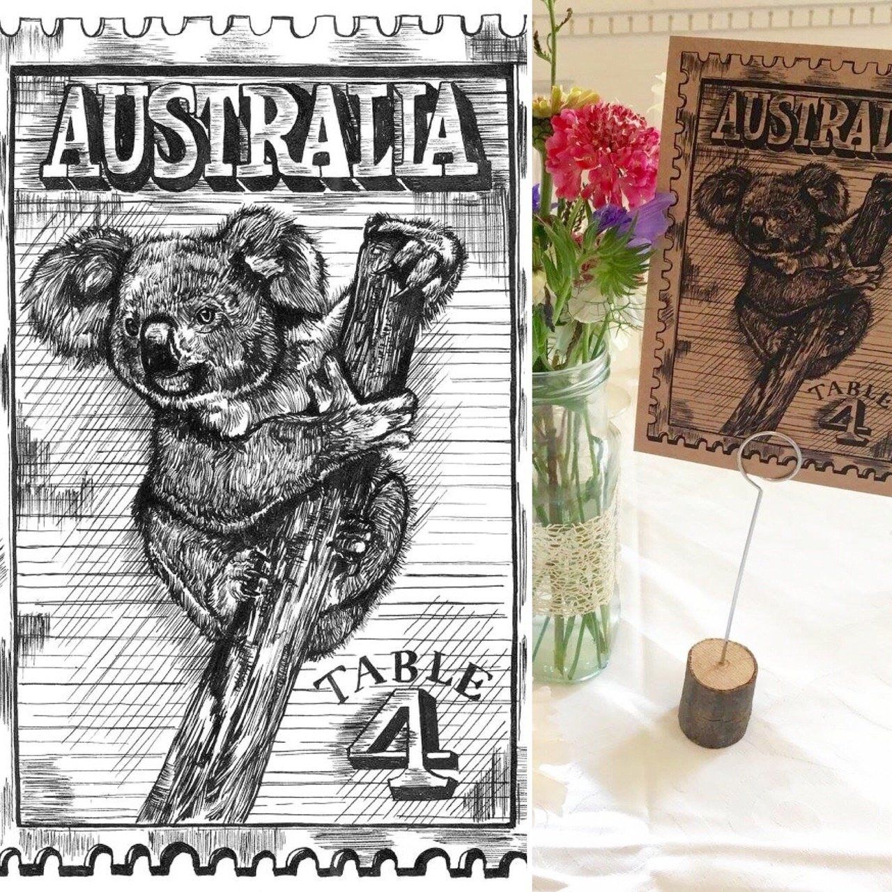 A black and white drawing of a koala bear with the word australia on it