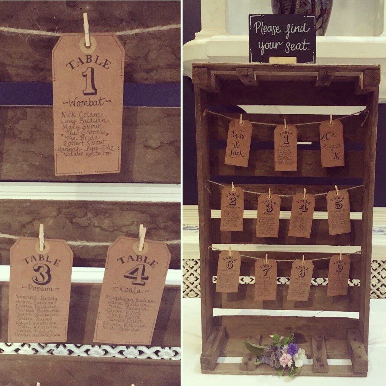 A wooden crate with a sign that says please find your seat