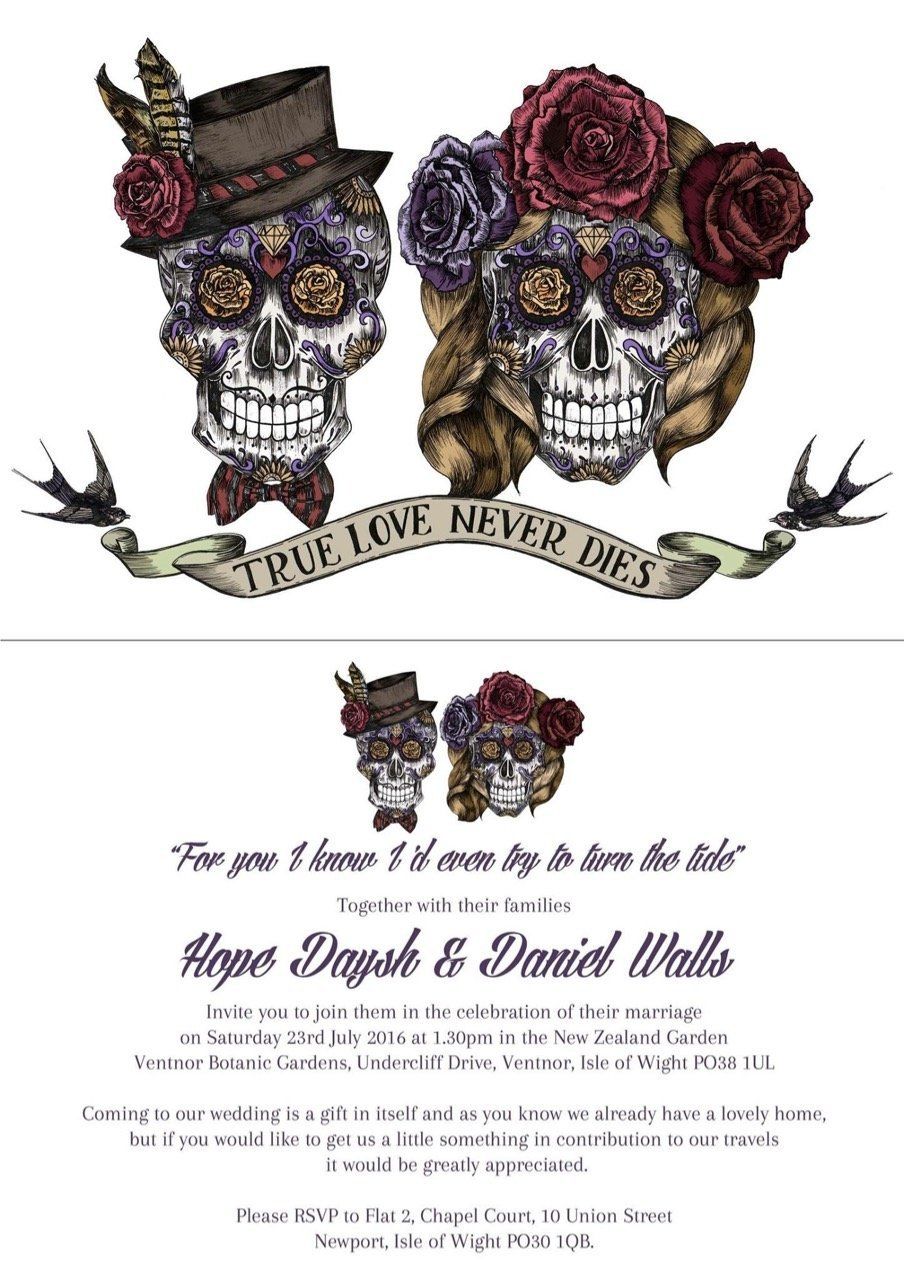 A wedding invitation with two sugar skulls and roses on it.