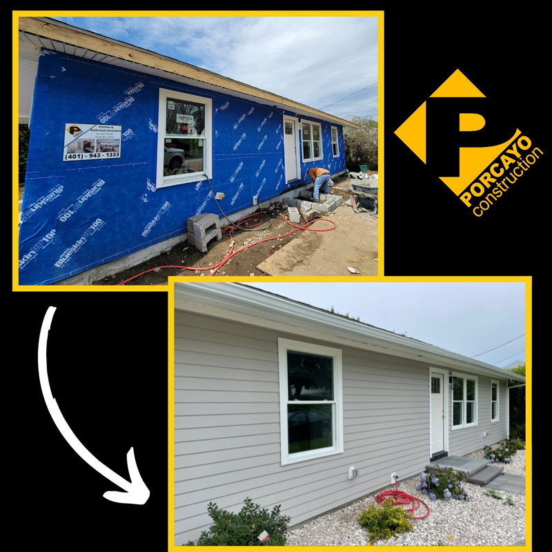 A before and after picture of a house being remodeled by porcayo construction
