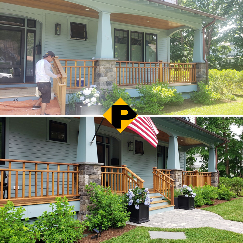 A before and after picture of a house with a flag on the porch