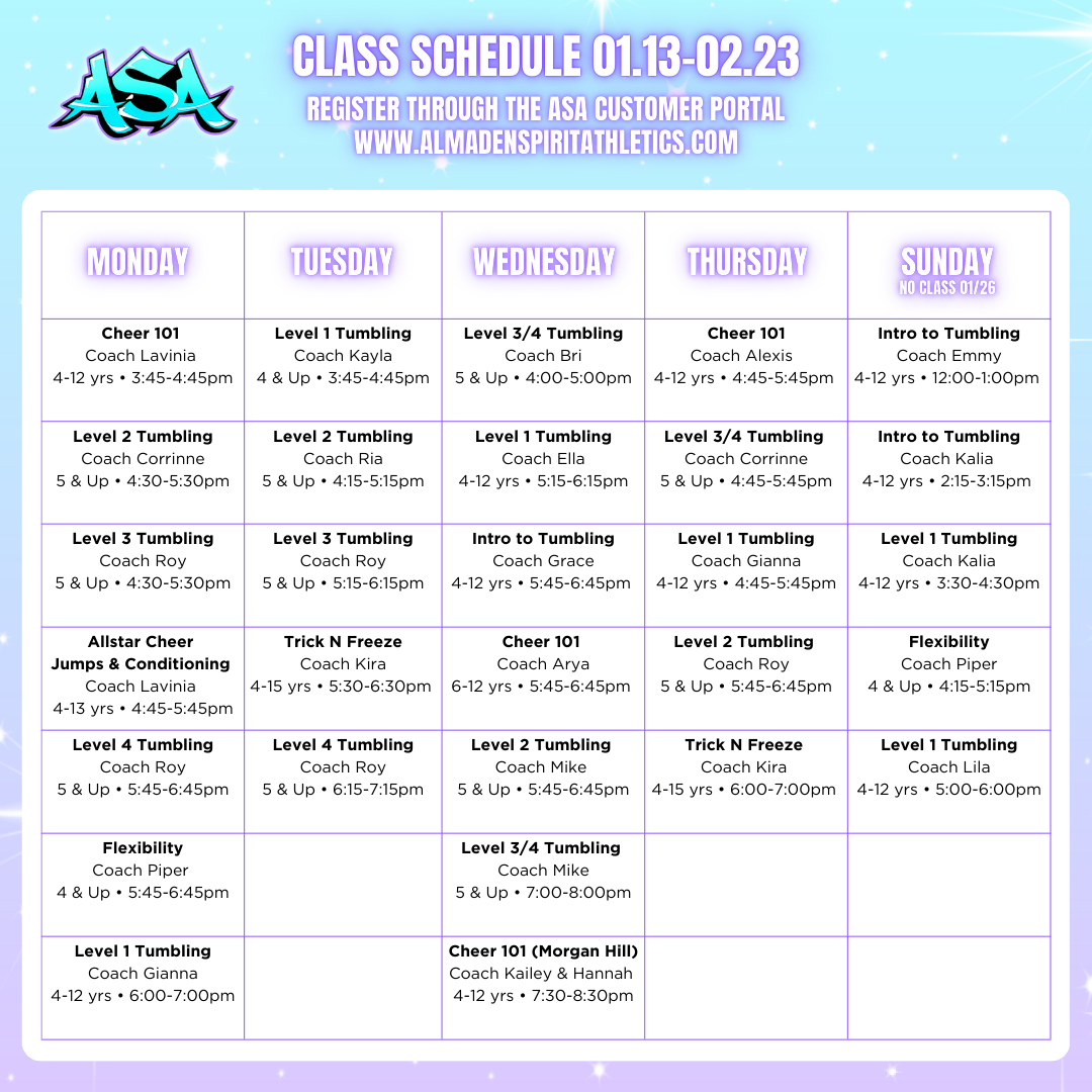 A class schedule for asa is displayed on a purple background