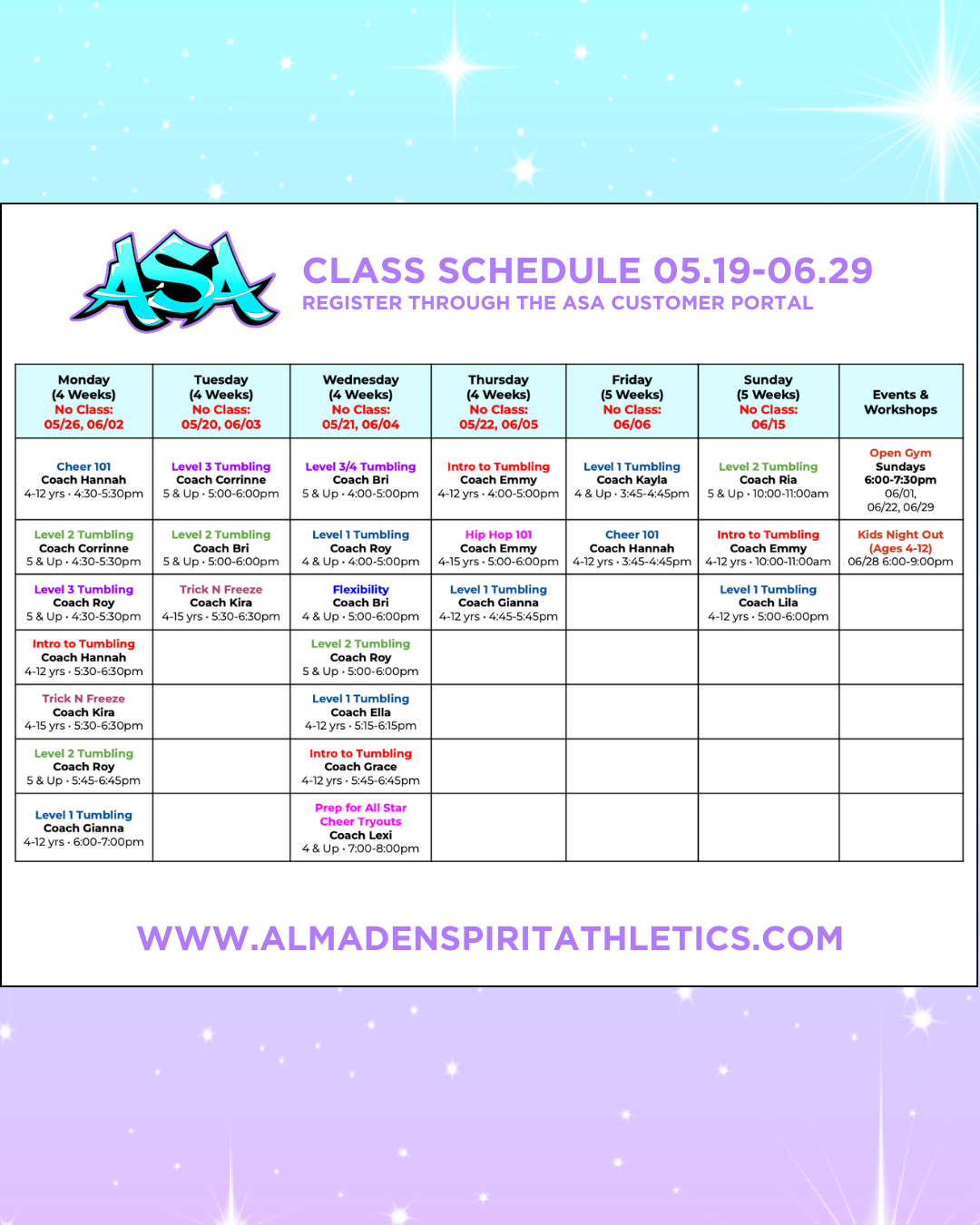 A class schedule for asa is displayed on a purple background