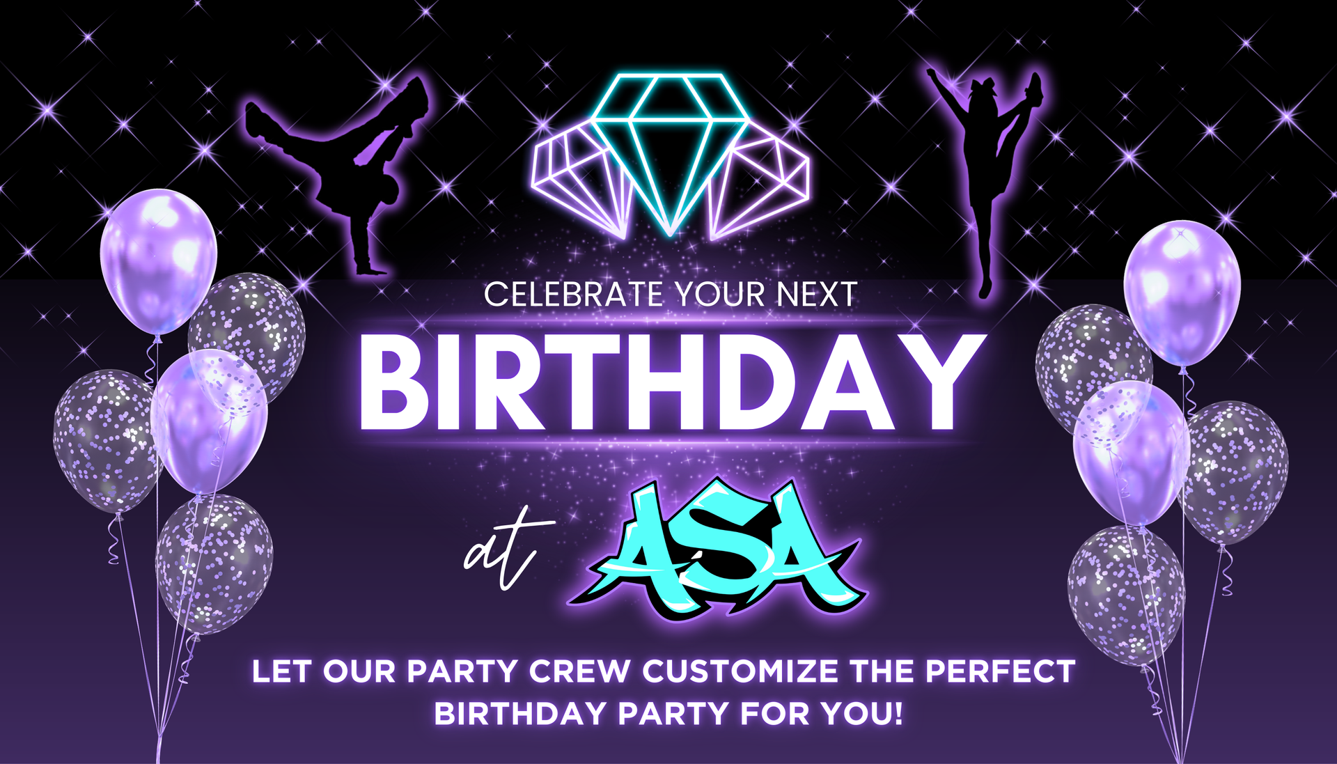 A neon sign that says celebrate your next birthday at asa