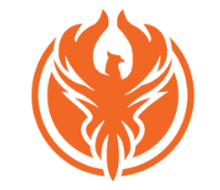 An orange and white phoenix logo on a white background