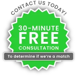 Green badge with the text, 