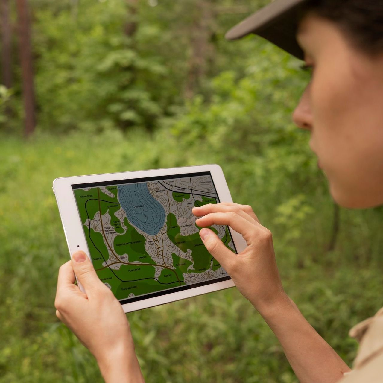 Moteris laiko planšetę su žemėlapiu.