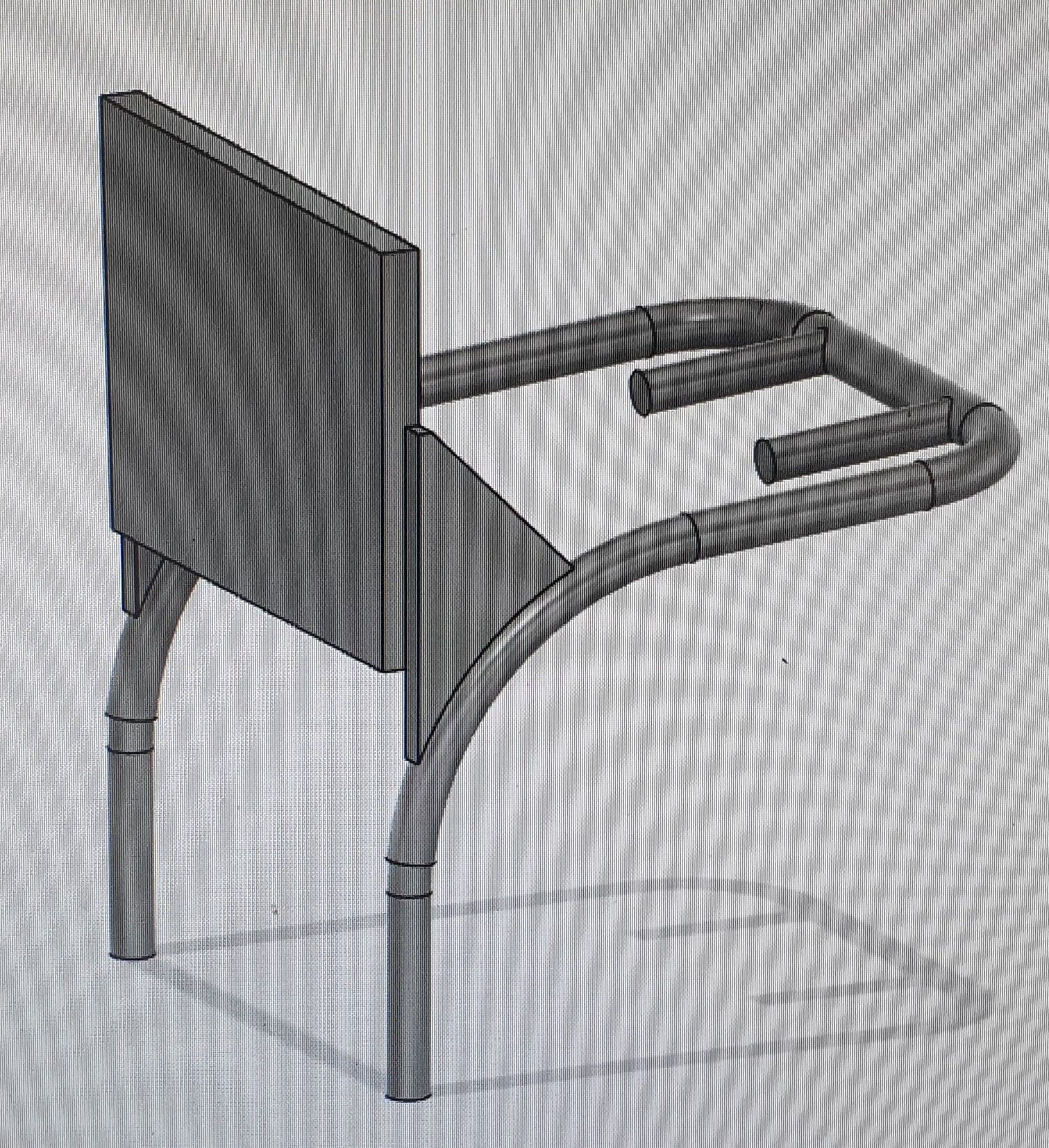 A black and white drawing of a metal chair on a white surface.