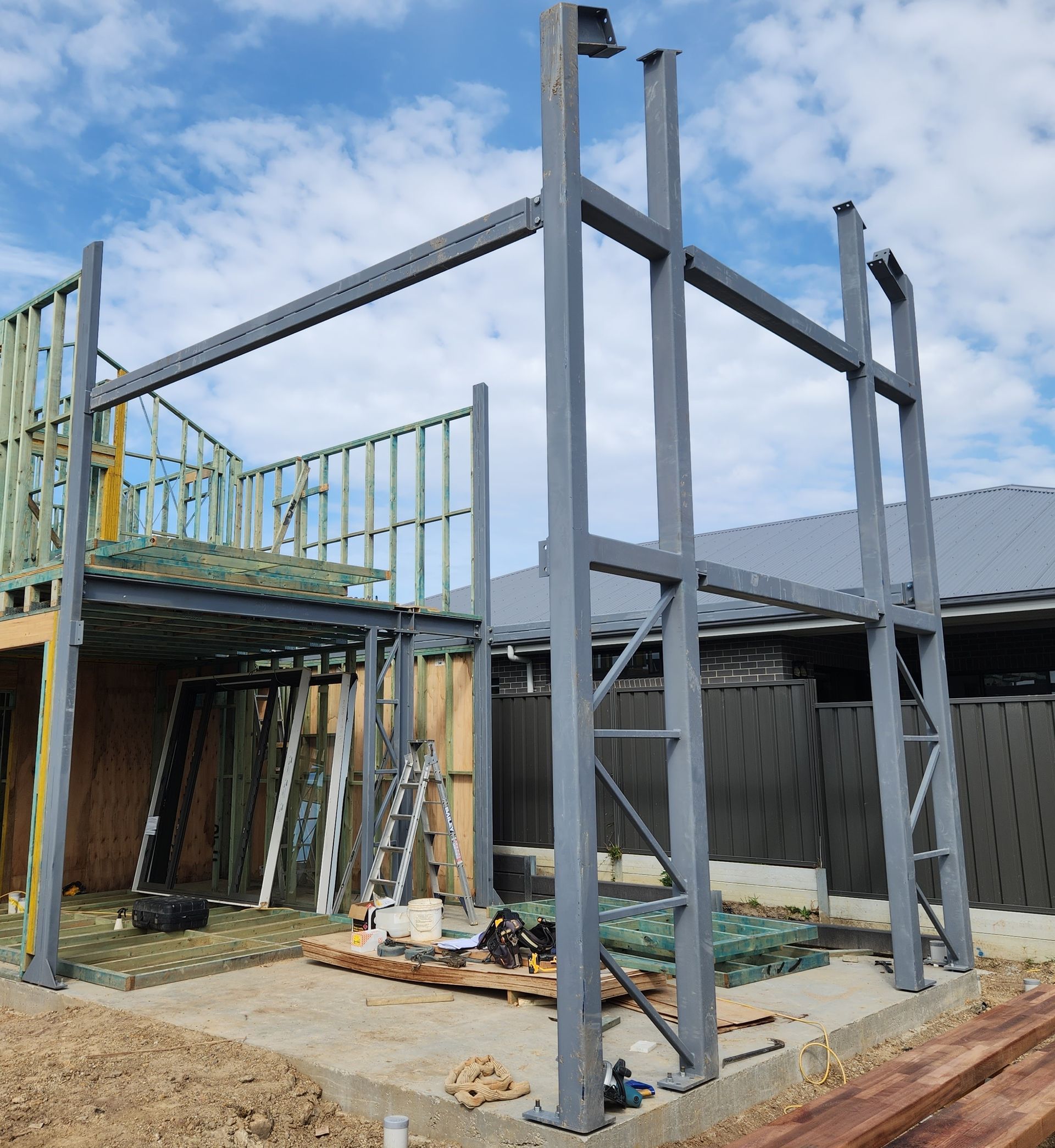 A building under construction with a lot of metal frames