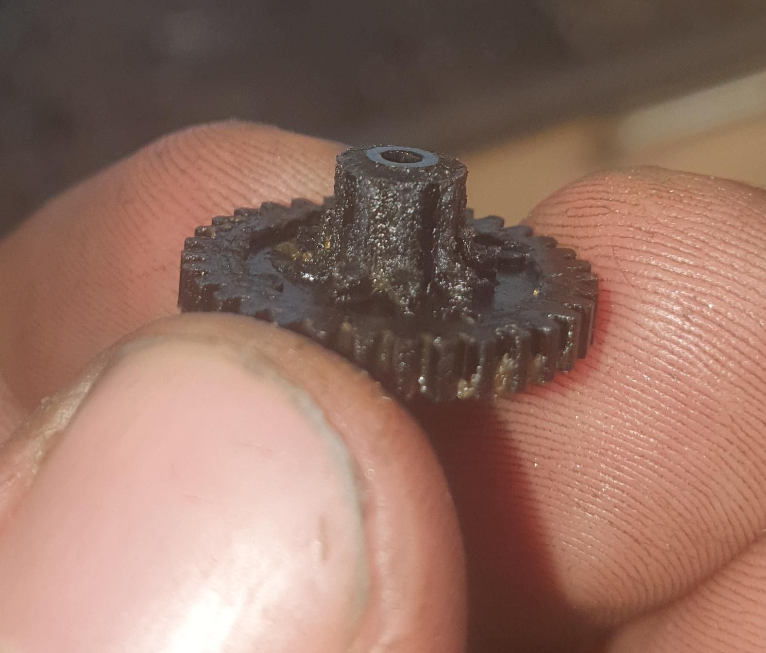 A person is holding a small black gear in their hand.