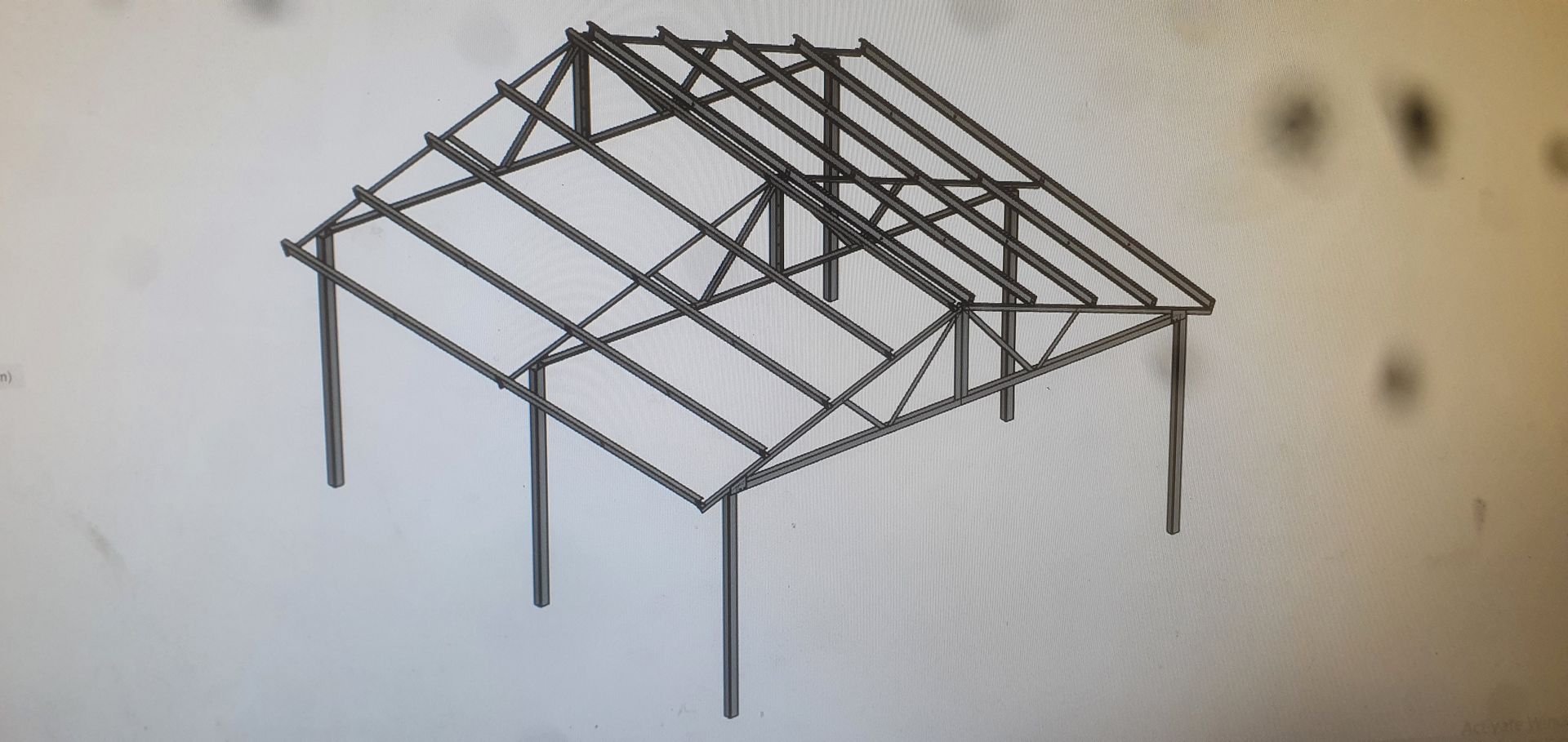 A black and white drawing of a metal structure with a roof.