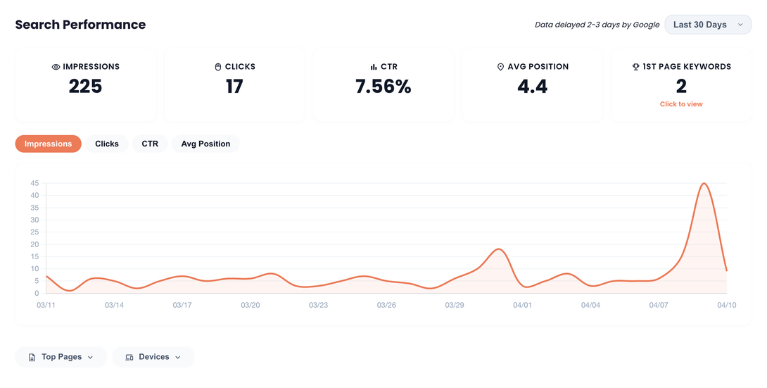 Image of site search performance graph in client dashboard