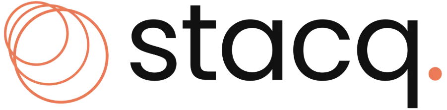 stacq logo. 3 orange circles stacked on top of one another, each larger than the last, with an orange period after stacq. 