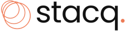 stacq logo. 3 orange circles stacked on top of one another, each larger than the last, with an orange period after stacq. 