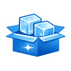 Scatola blu con due cubetti di ghiaccio all'interno, una stella brilla sulla scatola.