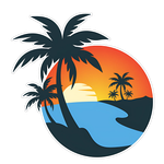 A palm tree is silhouetted against a sunset over the ocean.