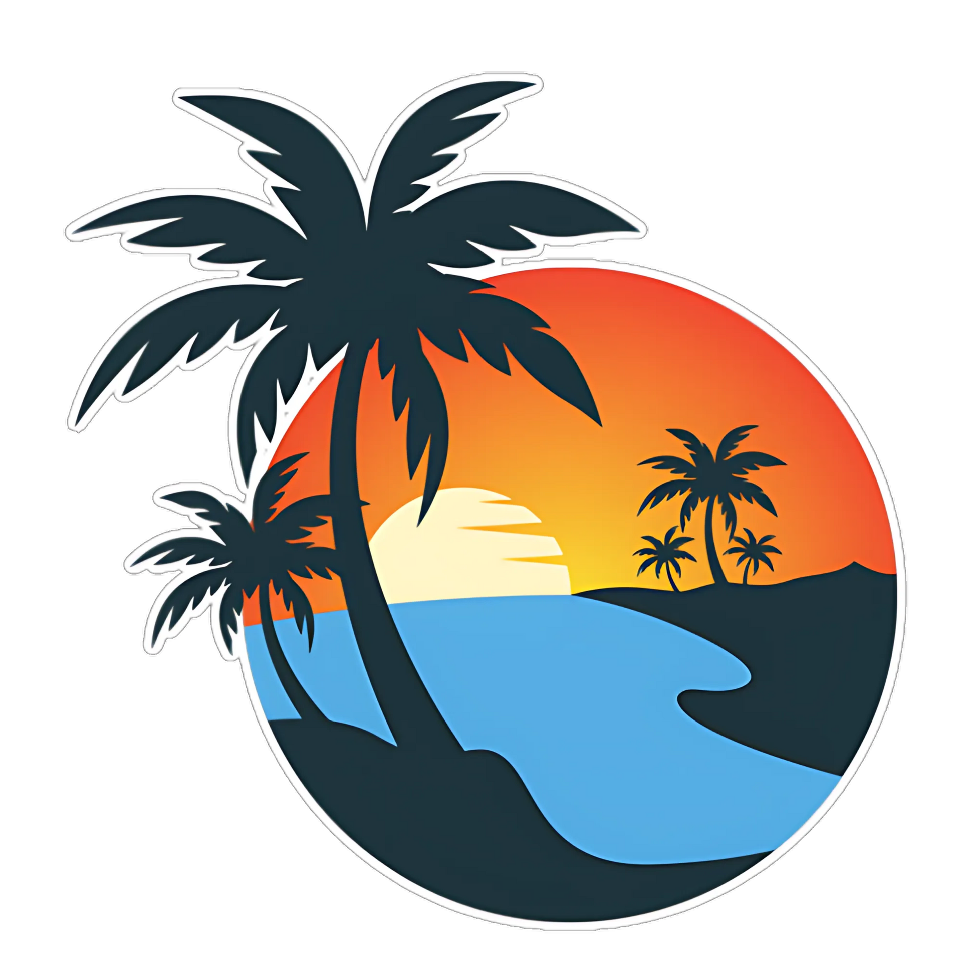 A palm tree is silhouetted against a sunset over the ocean.