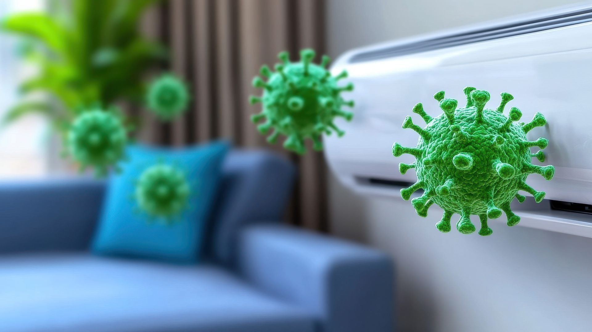 Green virus particles near an air conditioner above a blue couch in a room.
