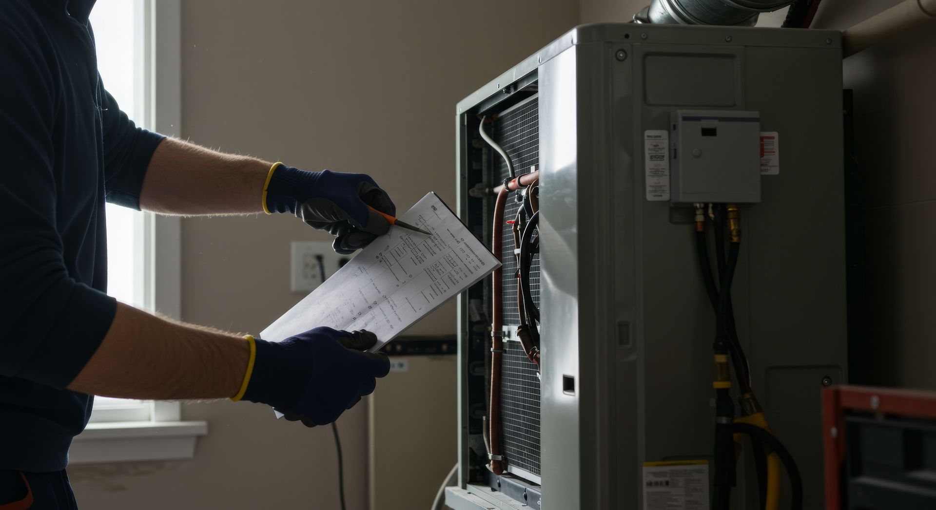 HVAC technician with gloves examines paperwork near a furnace in a utility room.