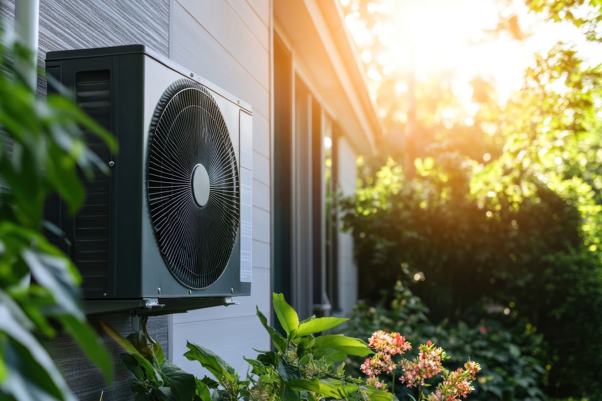 Air conditioning unit mounted on a light gray house wall with greenery and sunlight.