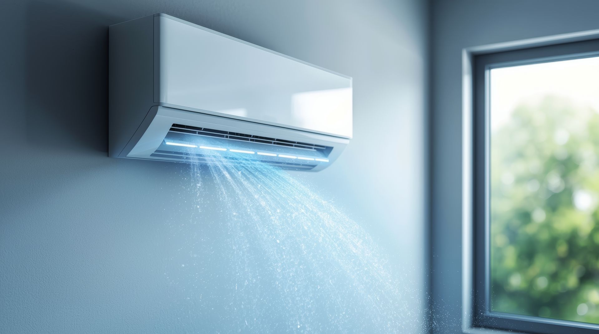 White air conditioner blowing cool air on a blue wall, next to a window.