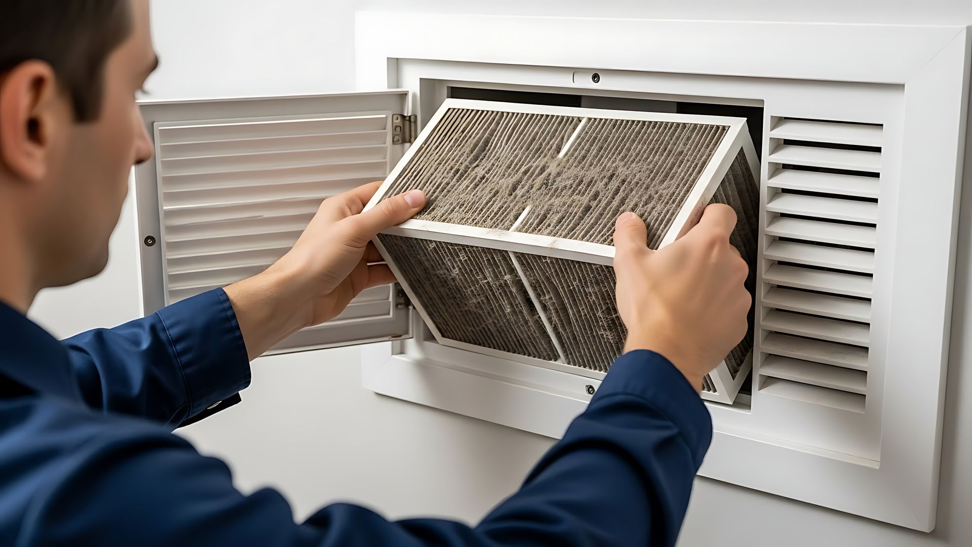 Person replacing a dirty air filter in a white vent. Filter is filled with dust.
