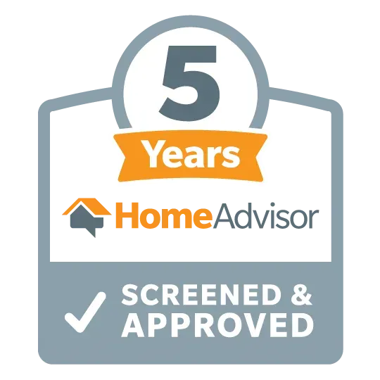 HomeAdvisor badge: gray shield with orange/white details, "5 Years," "Screened & Approved" with HomeAdvisor logo.