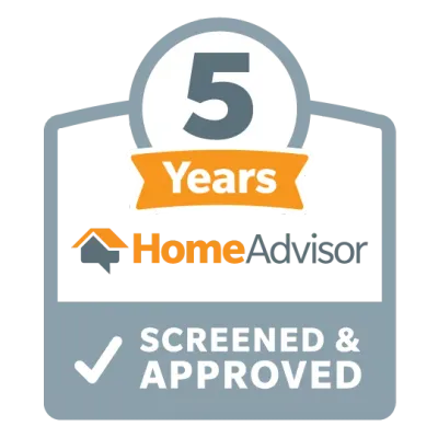HomeAdvisor badge: gray shield with orange/white details, "5 Years," "Screened & Approved" with HomeAdvisor logo.